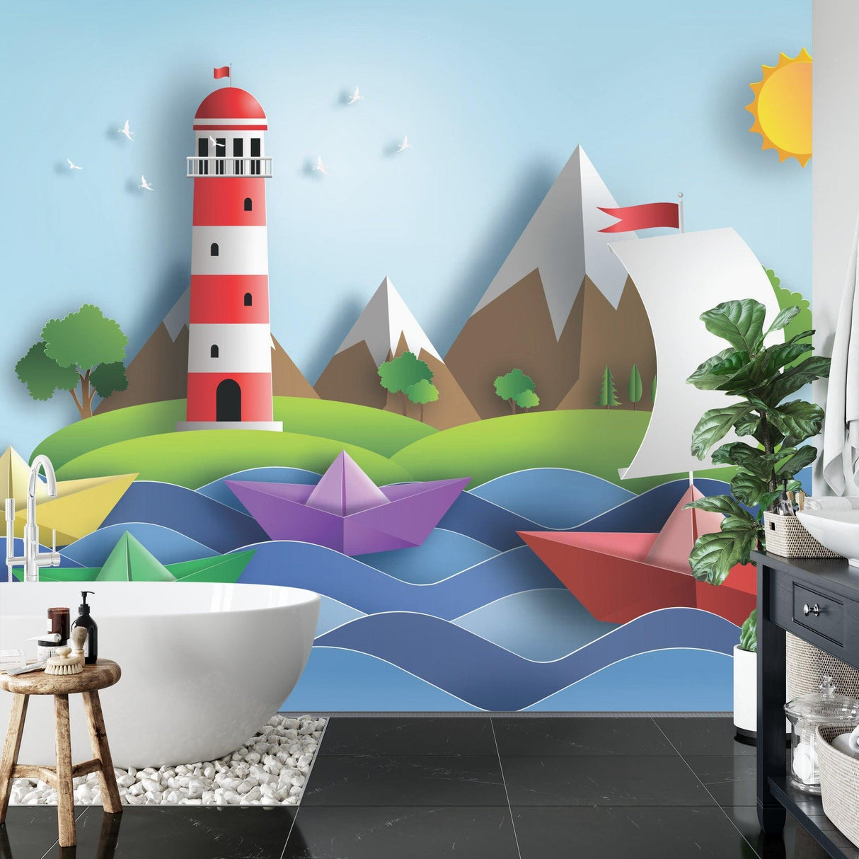 Paper boats wallpaper creating a playful atmosphere in modern nursery with lighthouse theme