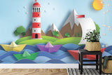Maritime wall mural showcasing lighthouse and paper boats in cozy playroom setting