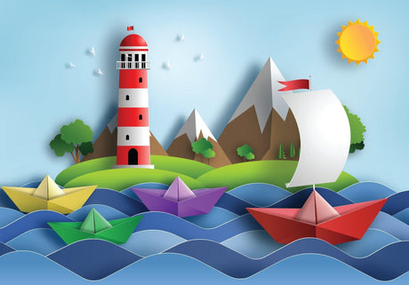 Design file showing detailed paper boats and lighthouse pattern with origami-style artwork