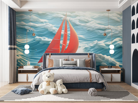 Nautical wallpaper with red sailboat bringing coastal charm to a modern living room