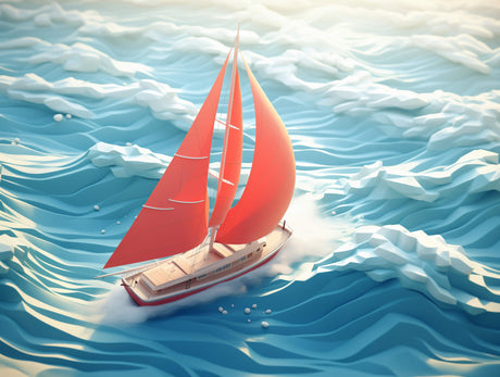 Design file showing detailed red sailboat pattern on turquoise ocean waves