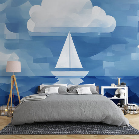 Nautical sailboat wallpaper creating a calm atmosphere in a modern living room with white furniture and natural light