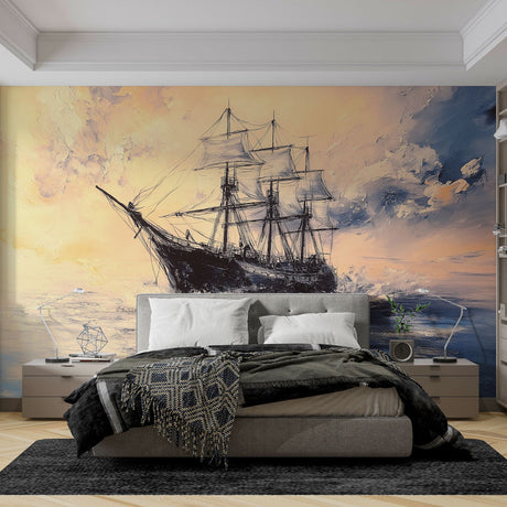 Nautical ship wallpaper creating drama in modern living room with golden sunset tones washing over contemporary furniture