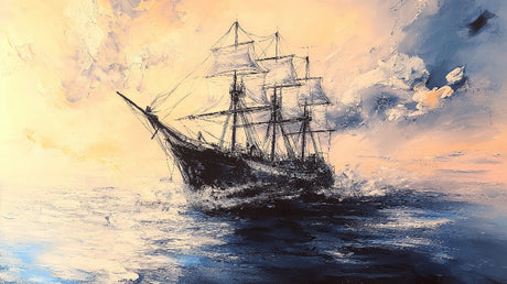 Sailing ship wallpaper design file showing detailed maritime artwork with golden sunset