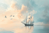 Design file showing detailed sailing ship and seagulls pattern with sunset colors