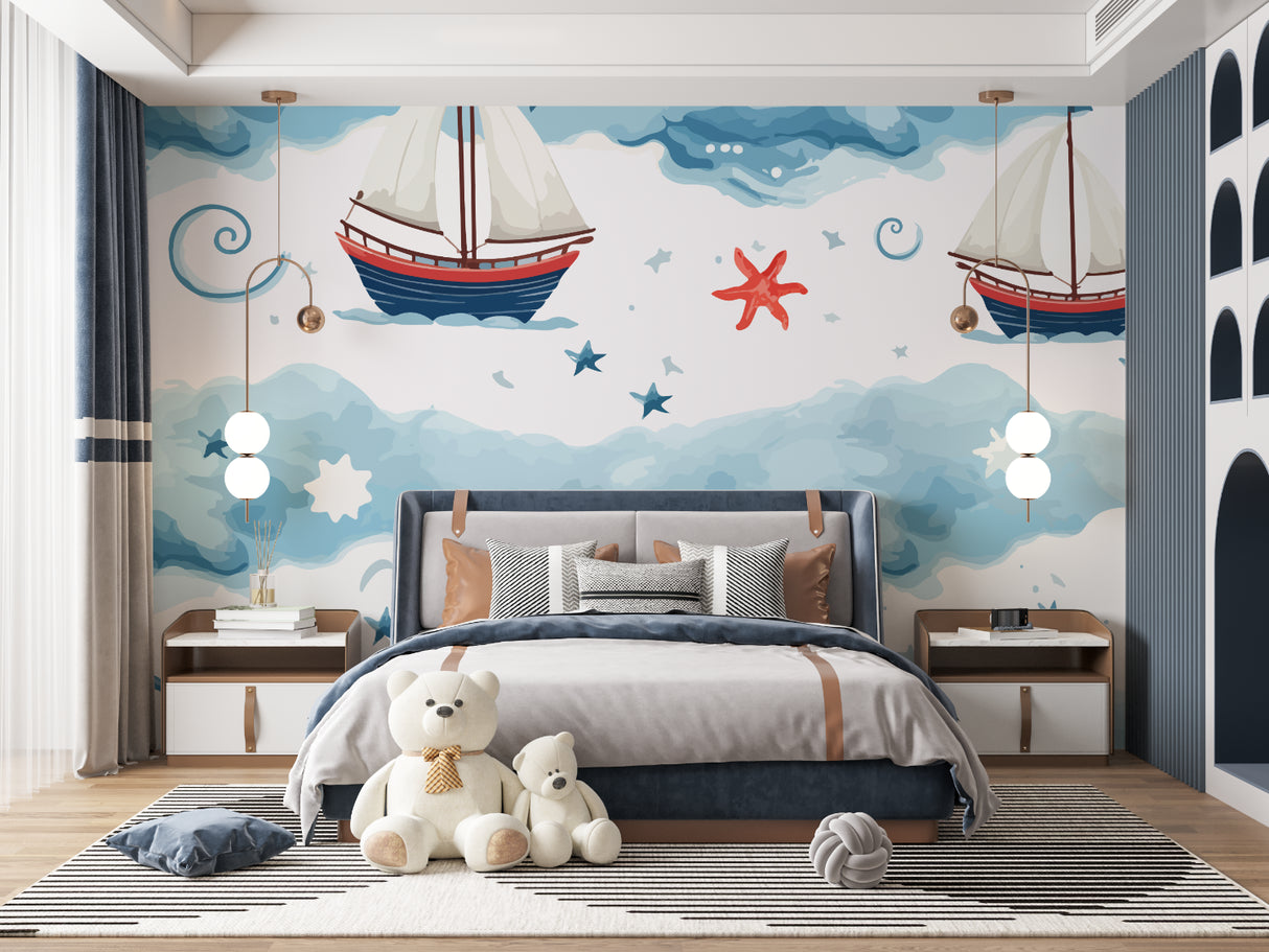 Nautical wallpaper with sailing ships in a bright, modern nursery showing the perfect scale of the design