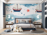 Nautical wallpaper with sailing ships in a bright, modern nursery showing the perfect scale of the design