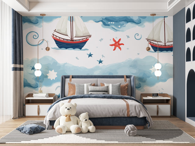 Nautical wallpaper with sailing ships in a bright, modern nursery showing the perfect scale of the design