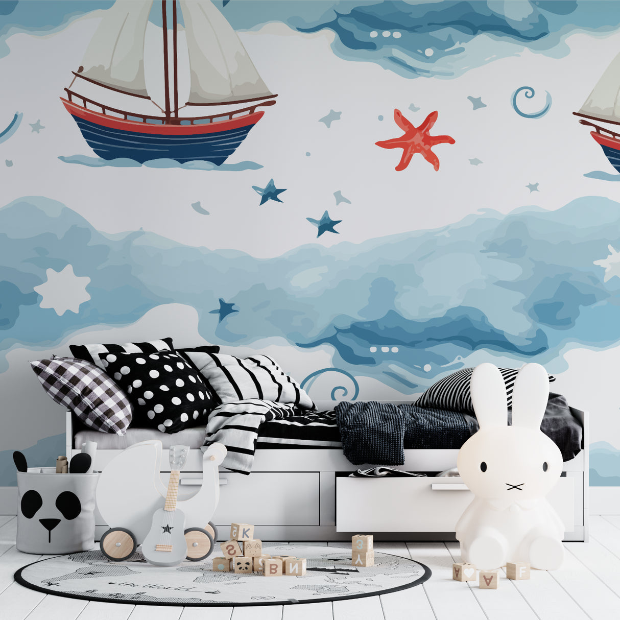 Sailing ship wallpaper creating a peaceful atmosphere in a kids' bedroom