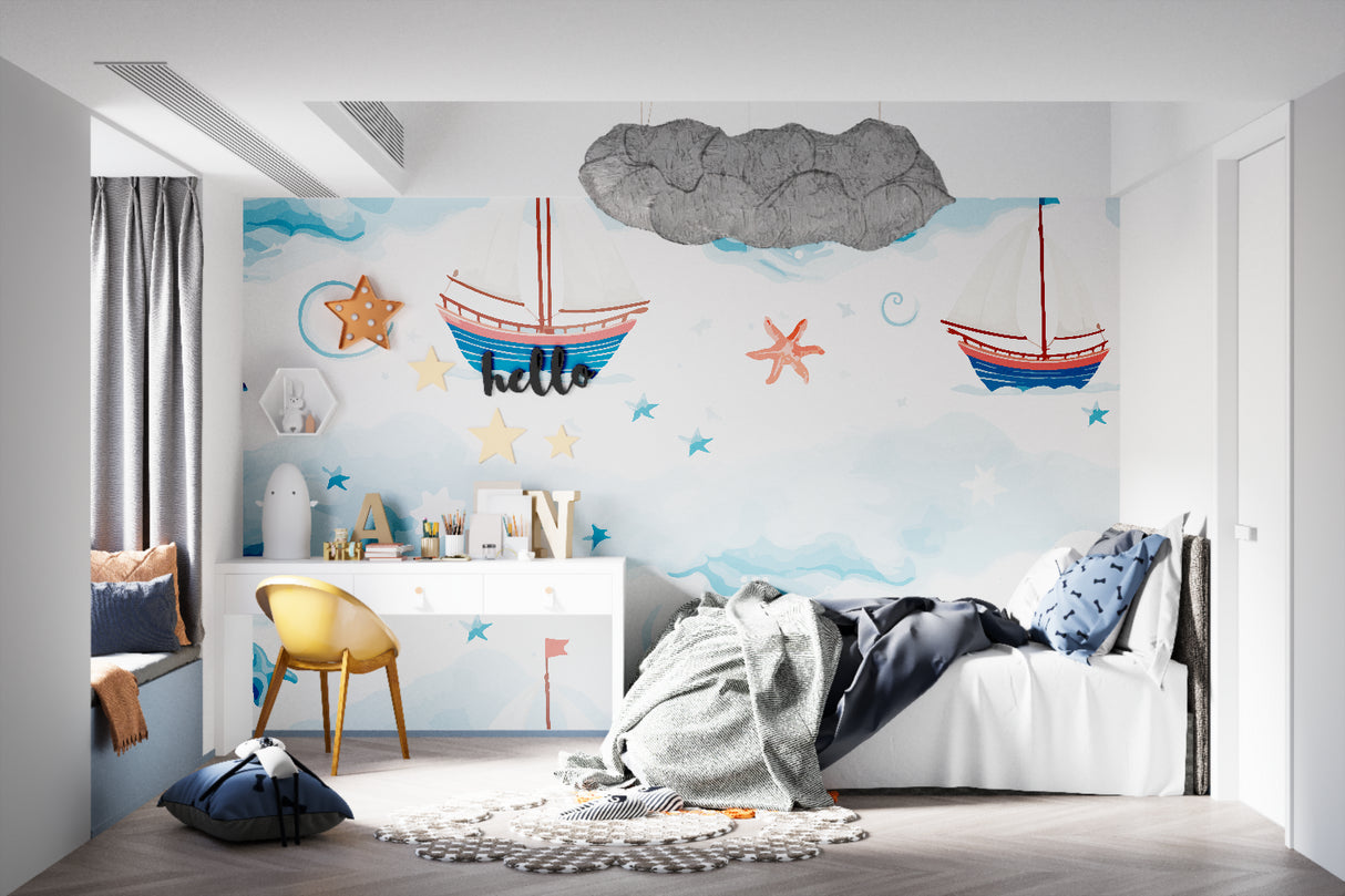 Maritime wall mural bringing ocean vibes to a cozy reading nook