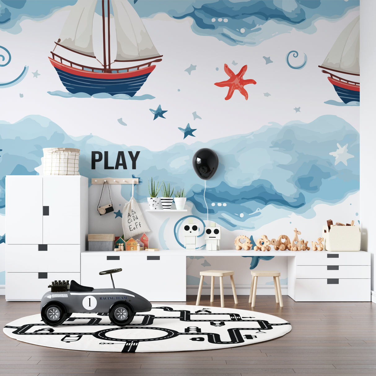 Nautical theme wallpaper showcased in a playroom setting