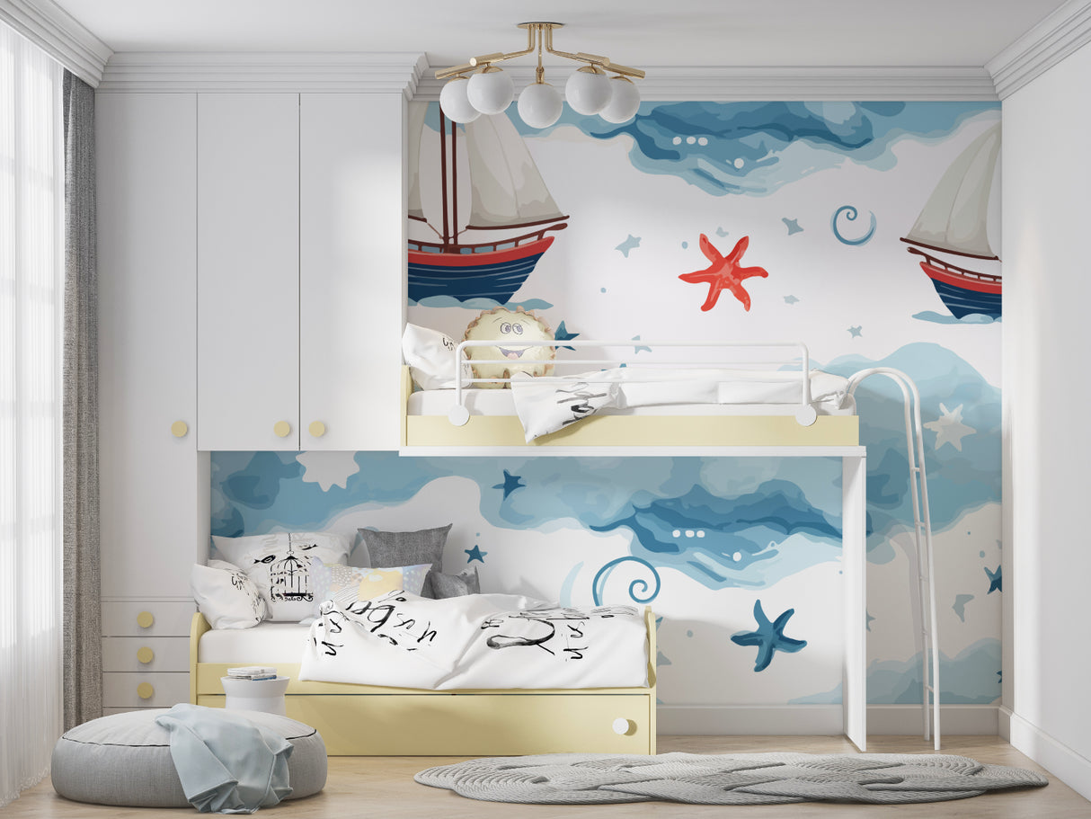 Sailing ships mural adding character to a coastal-style bathroom