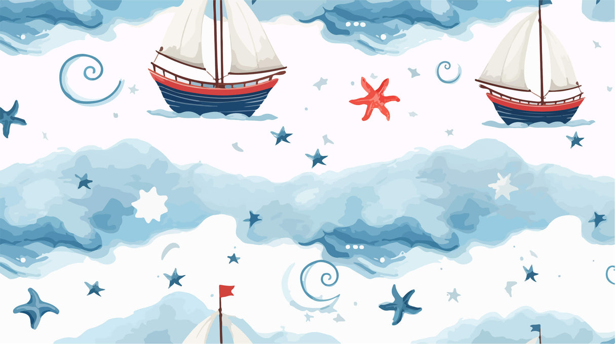 Design file showing the complete nautical pattern with sailing ships and starfish motifs