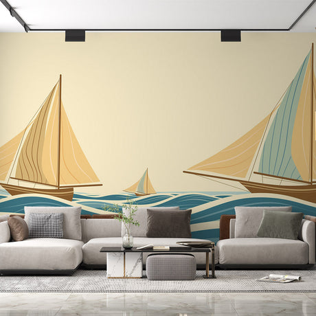 Nautical wallpaper mural with vintage sailing boats creating a peaceful atmosphere in a modern living room