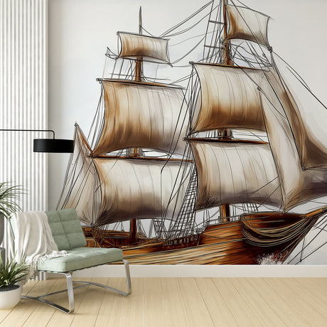Nautical ship wallpaper creating an elegant focal point in a modern living room with natural light