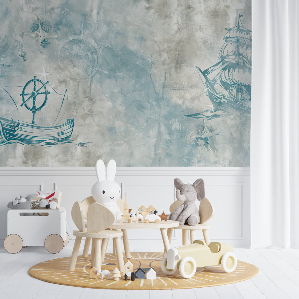 Nautical wallpaper with vintage ships in a cozy nursery setting, soft blue-grey tones create a peaceful atmosphere