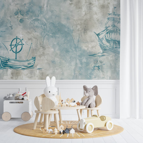 Nautical wallpaper with vintage ships in a cozy nursery setting, soft blue-grey tones create a peaceful atmosphere