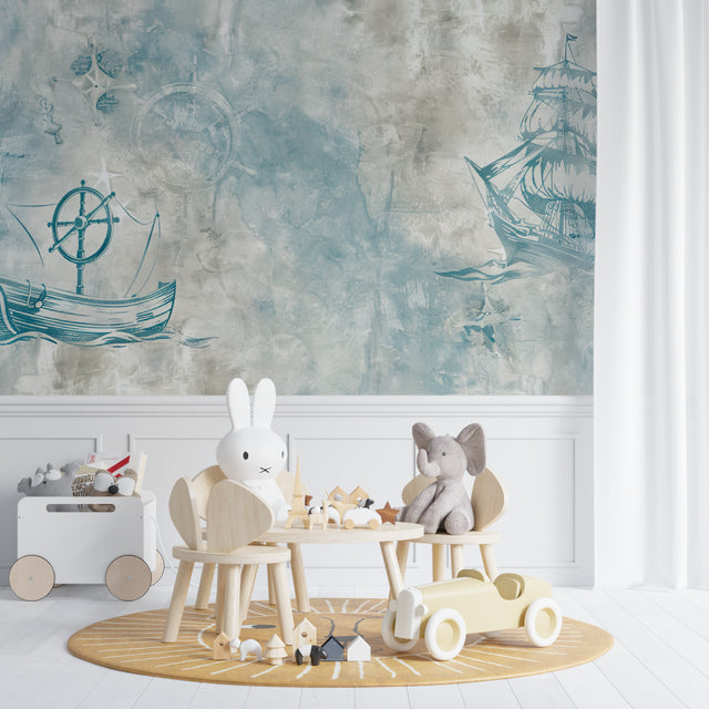 Nautical wallpaper with vintage ships in a cozy nursery setting, soft blue-grey tones create a peaceful atmosphere