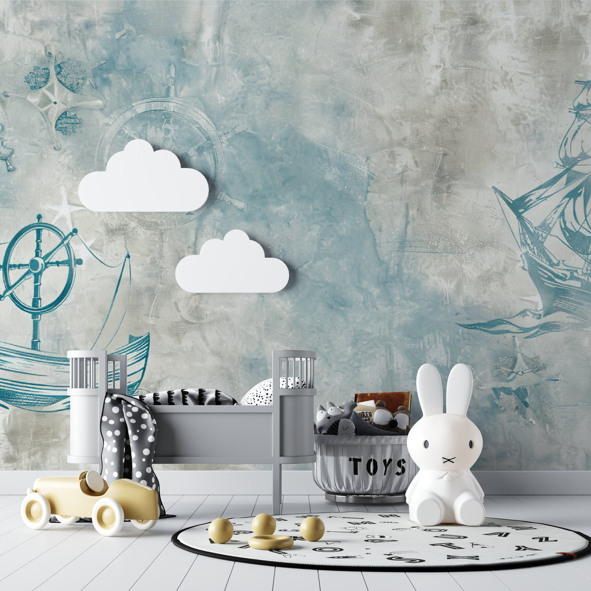 Maritime wall mural featuring compass designs in a child's bedroom, perfect for storytelling and dreams