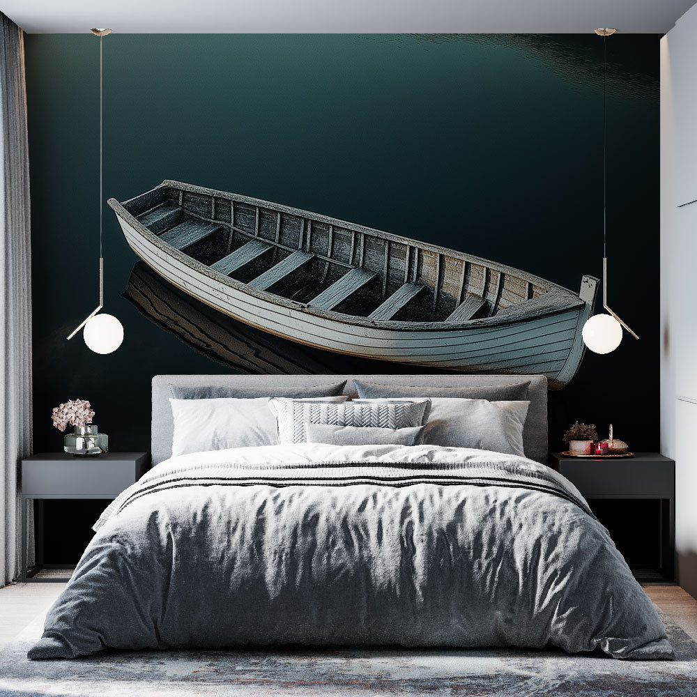 Nautical wall mural with wooden boat creates a stunning focal point in a modern living room with minimal furniture