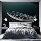 Nautical wall mural with wooden boat creates a stunning focal point in a modern living room with minimal furniture
