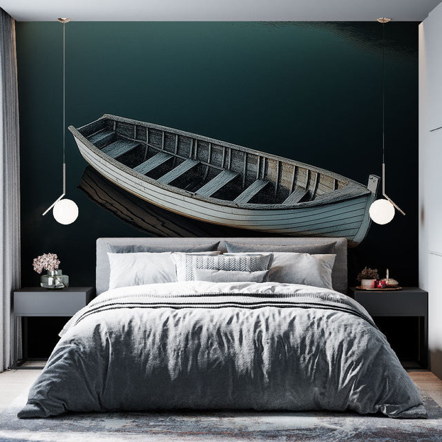 Nautical wall mural with wooden boat creates a stunning focal point in a modern living room with minimal furniture