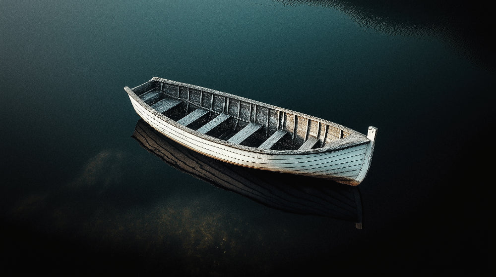 Wooden boat on dark waters design file showing detailed nautical pattern and rich emerald tones