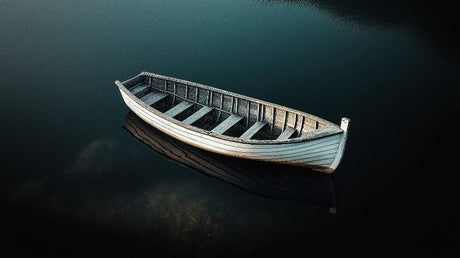 Wooden boat on dark waters design file showing detailed nautical pattern and rich emerald tones