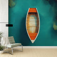 Nautical wall mural with wooden boat shown in a bright modern living room, creating a fresh coastal atmosphere
