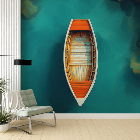 Nautical wall mural with wooden boat shown in a bright modern living room, creating a fresh coastal atmosphere