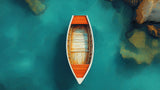 Nautical wall mural design file showing aerial view of wooden boat on turquoise waters