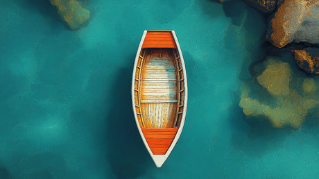 Nautical wall mural design file showing aerial view of wooden boat on turquoise waters