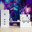 Neon city wallpaper in modern gaming room with purple and blue lighting effects