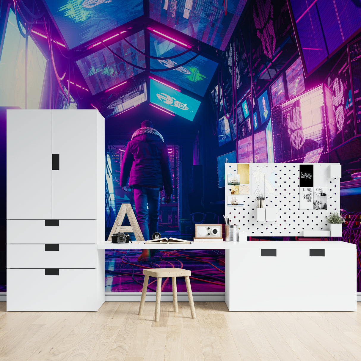 Neon city wallpaper in modern gaming room with purple and blue lighting effects