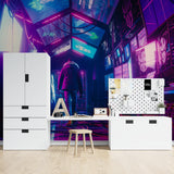 Neon city wallpaper in modern gaming room with purple and blue lighting effects