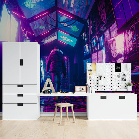 Neon city wallpaper in modern gaming room with purple and blue lighting effects