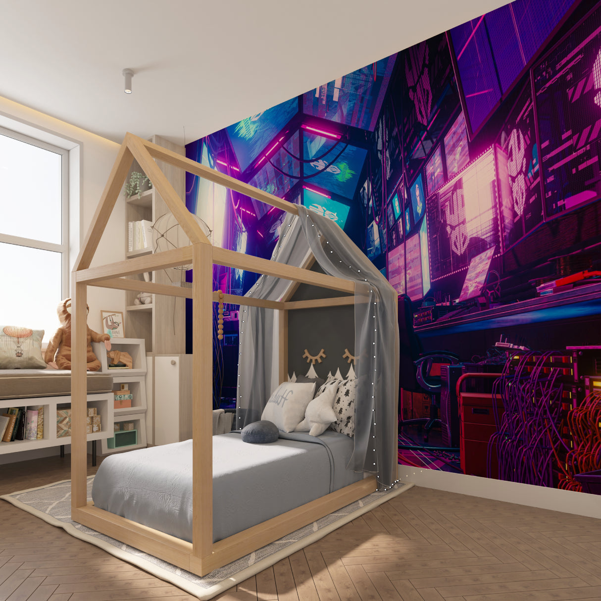 Cyberpunk wallpaper mural in teen bedroom creating futuristic atmosphere
