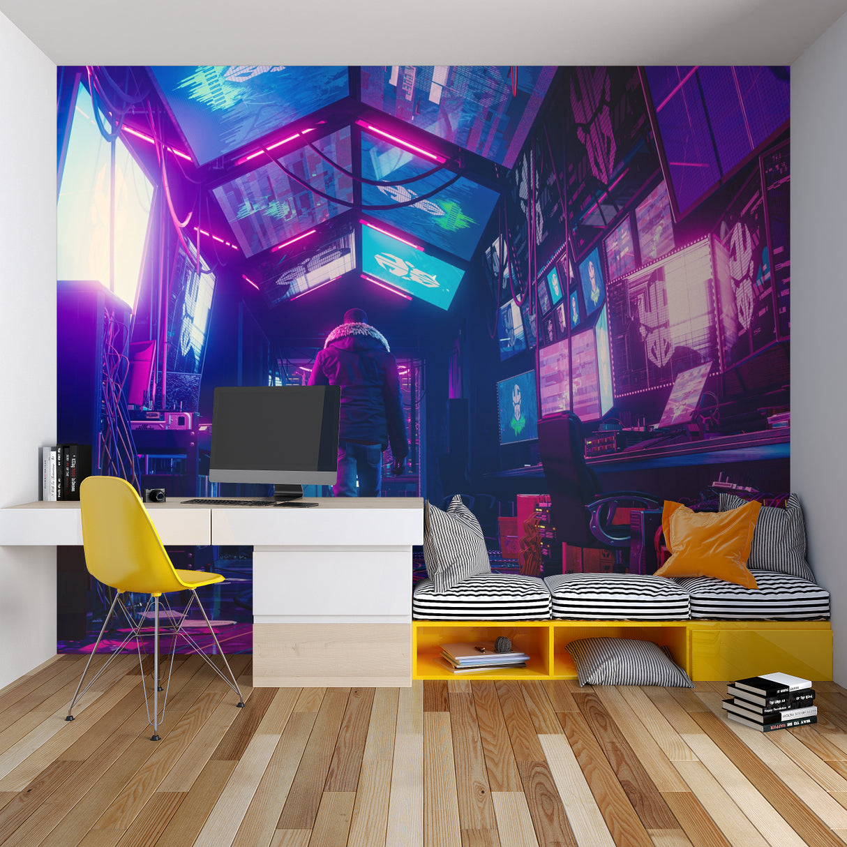 Urban neon wallpaper in home office with modern furniture and ambient lighting