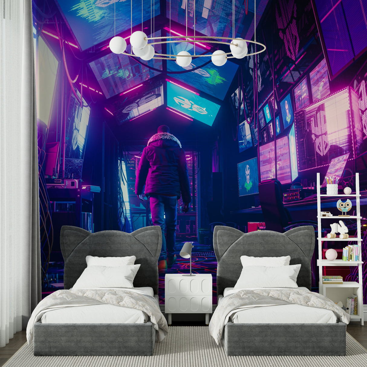 Neon city mural in living room showing scale and dramatic night scene effect