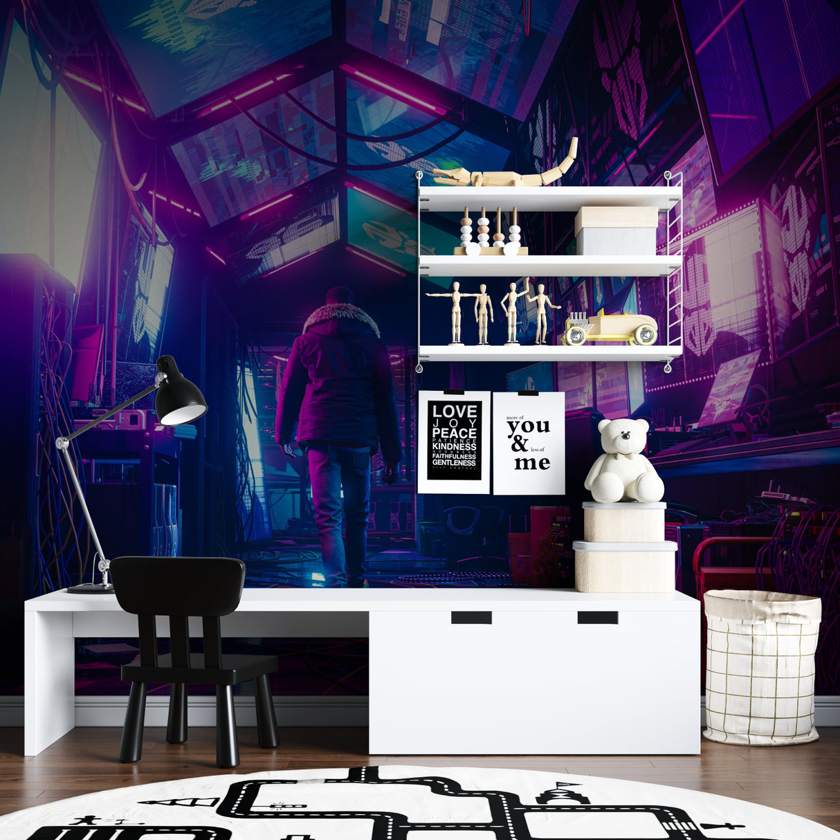 Futuristic wallpaper installed in entertainment room with LED accent lights