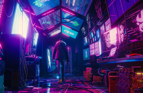 Neon city wallpaper design file showing detailed cyberpunk architecture and electric color palette