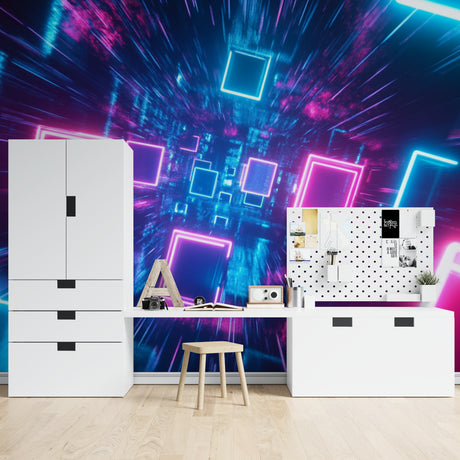 Neon tunnel wallpaper creating depth in modern gaming room with purple LED accent lighting