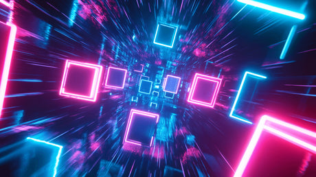 Design file showing detailed neon square light tunnel pattern with vibrant pink and cyan colors