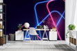 Modern neon geometric wallpaper in a gaming room setup with RGB lighting effects