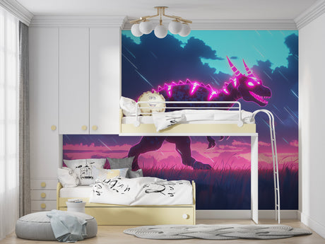 Neon dinosaur wallpaper bringing pink glow to modern kids bedroom, perfect for creative spaces