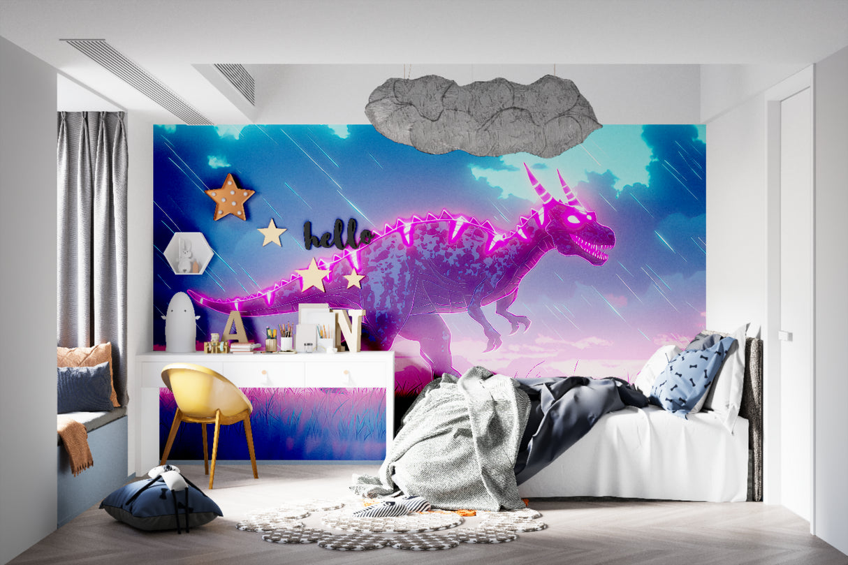 Pink T-Rex wall mural creating magical atmosphere in teen gaming room