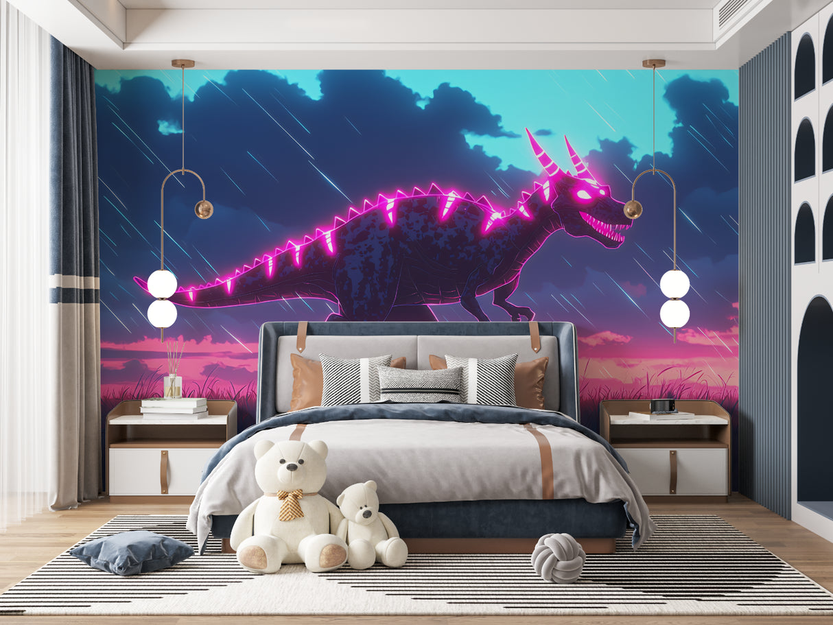 Dinosaur wall mural with neon effects transforming playroom into adventure zone