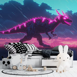 Neon pink dinosaur wallpaper making statement in modern home office