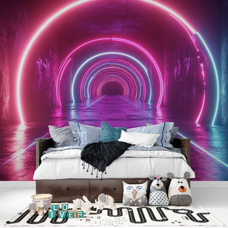 3D Neon Tunnel Wallpaper creating depth in modern gaming room with LED ambient lighting
