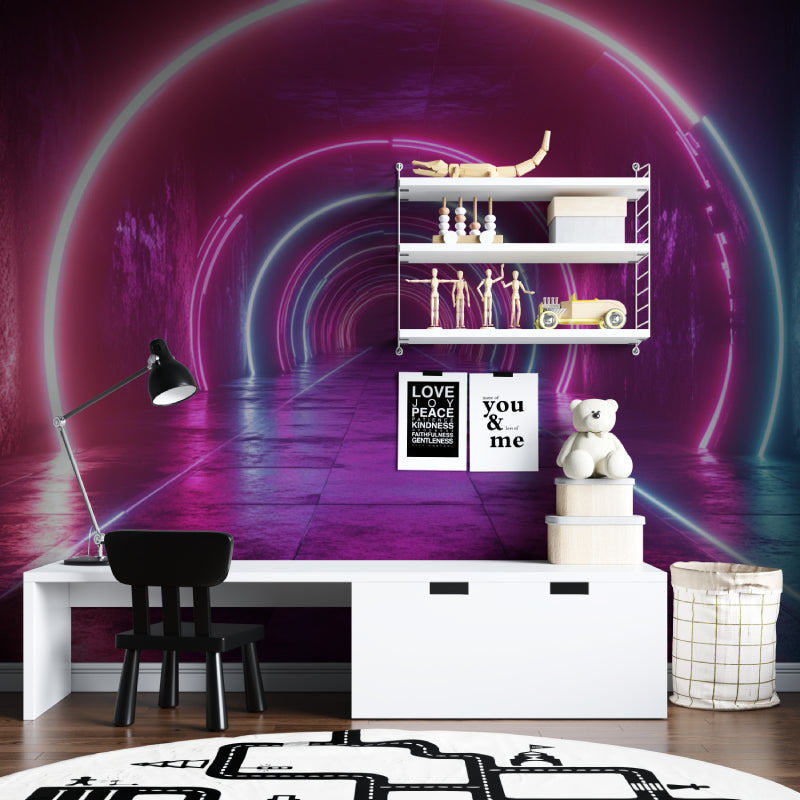 Optical illusion tunnel mural in contemporary office space showing perspective effect